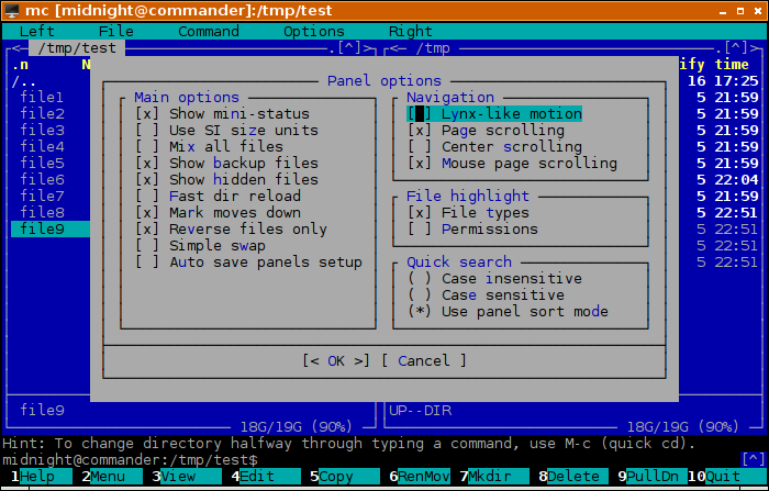 Midnight Commander Panel Options