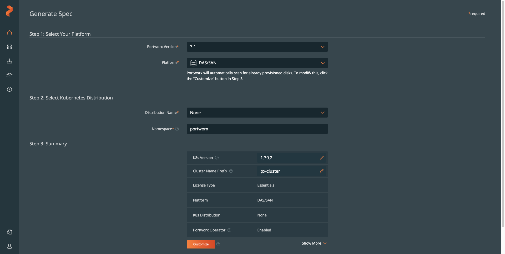 The Generate Spec page in Portworx Central.